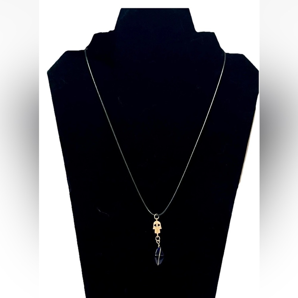 Pendant Hamsa 14k Gold Plated Handmade With Dark Blue Bead On Black Leather Cord